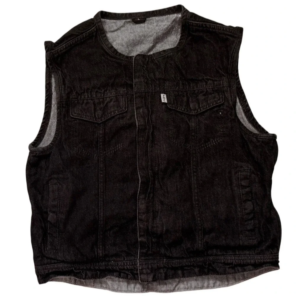 Black Denim‎ motorcycle vest zip front closure layering club-style Youth-Large